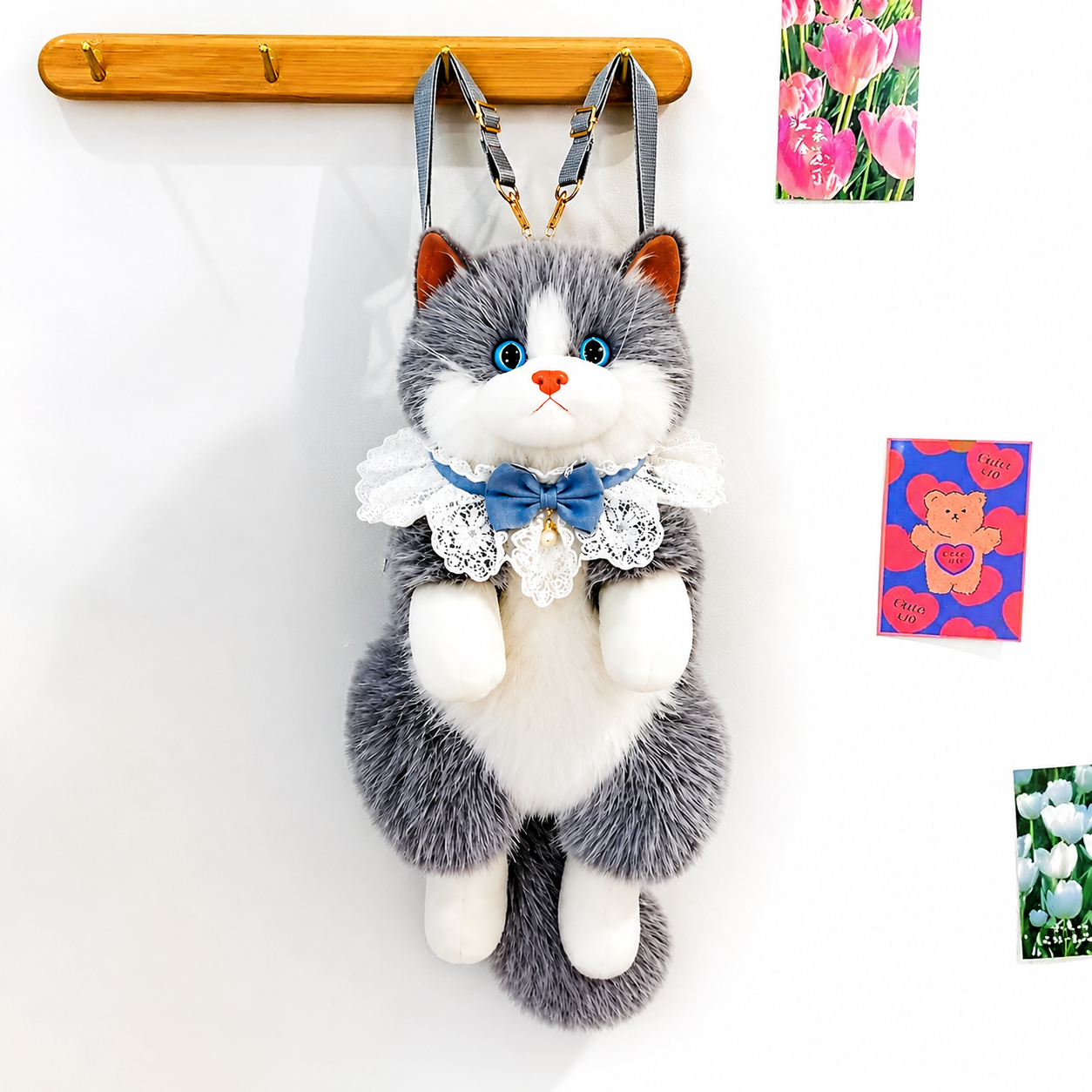 Realistic Cat Plush Backpack with Meow Sound, Handmade Stuffed Animal Cat Bag for Girls Women, Cute Kawaii Cat Shaped Shoulder Crossbody Backpack with Adjustable Straps Gift Bag image 10