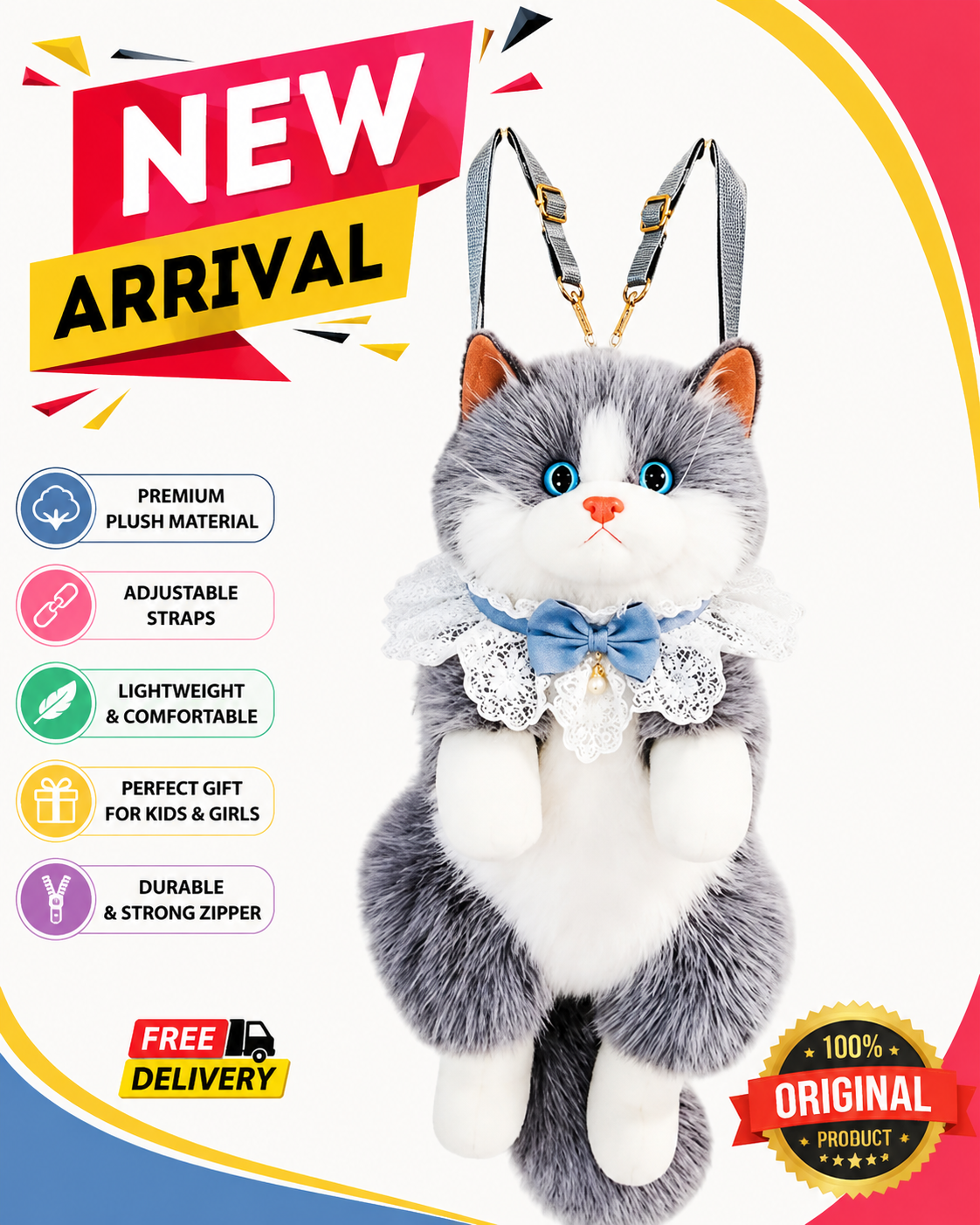 Vixoraa Premium Cute Cat Plush Sling Bag for Girls & Kids – Soft Teddy Crossbody Bag image 9