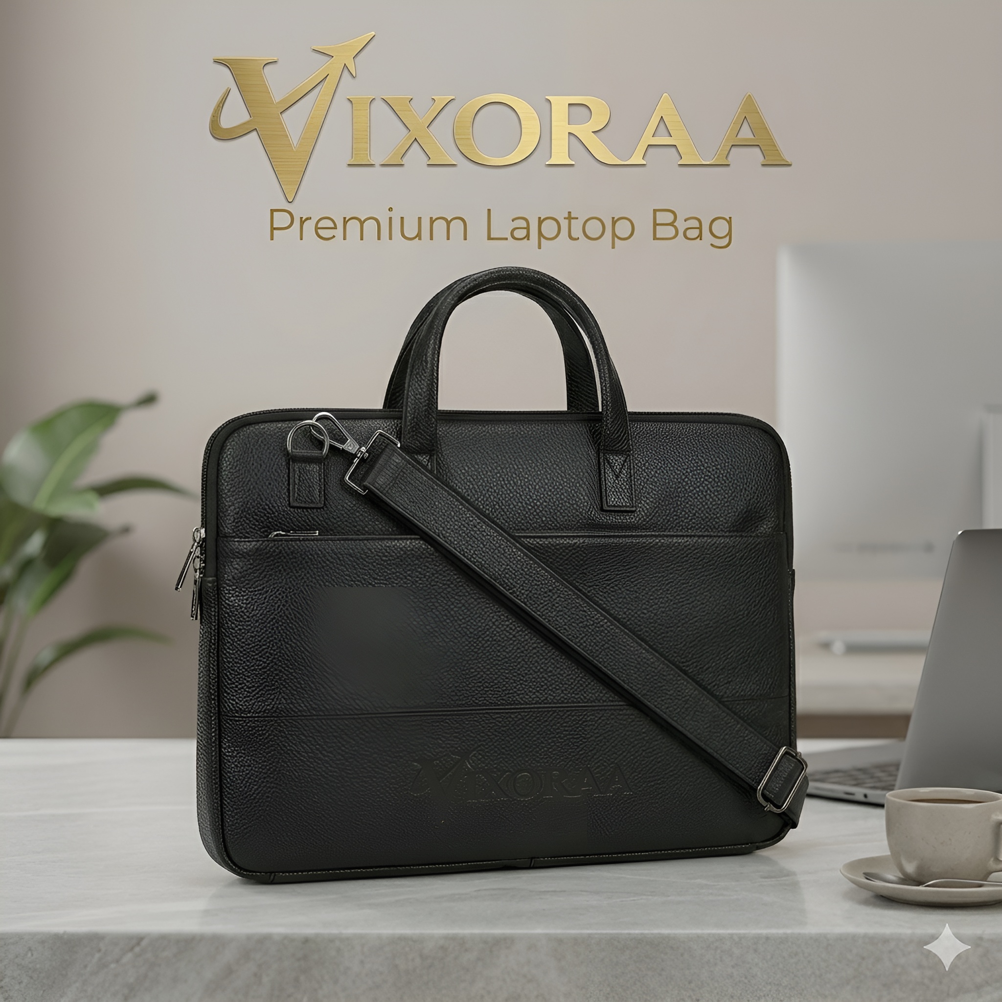 Black VIXORAA laptop bag front view with detachable shoulder strap