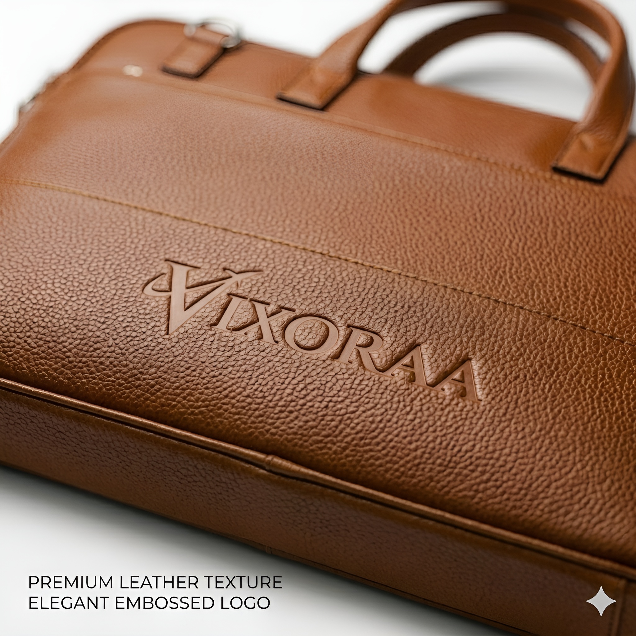 Close-up of Tan VIXORAA bag texture and embossed logo