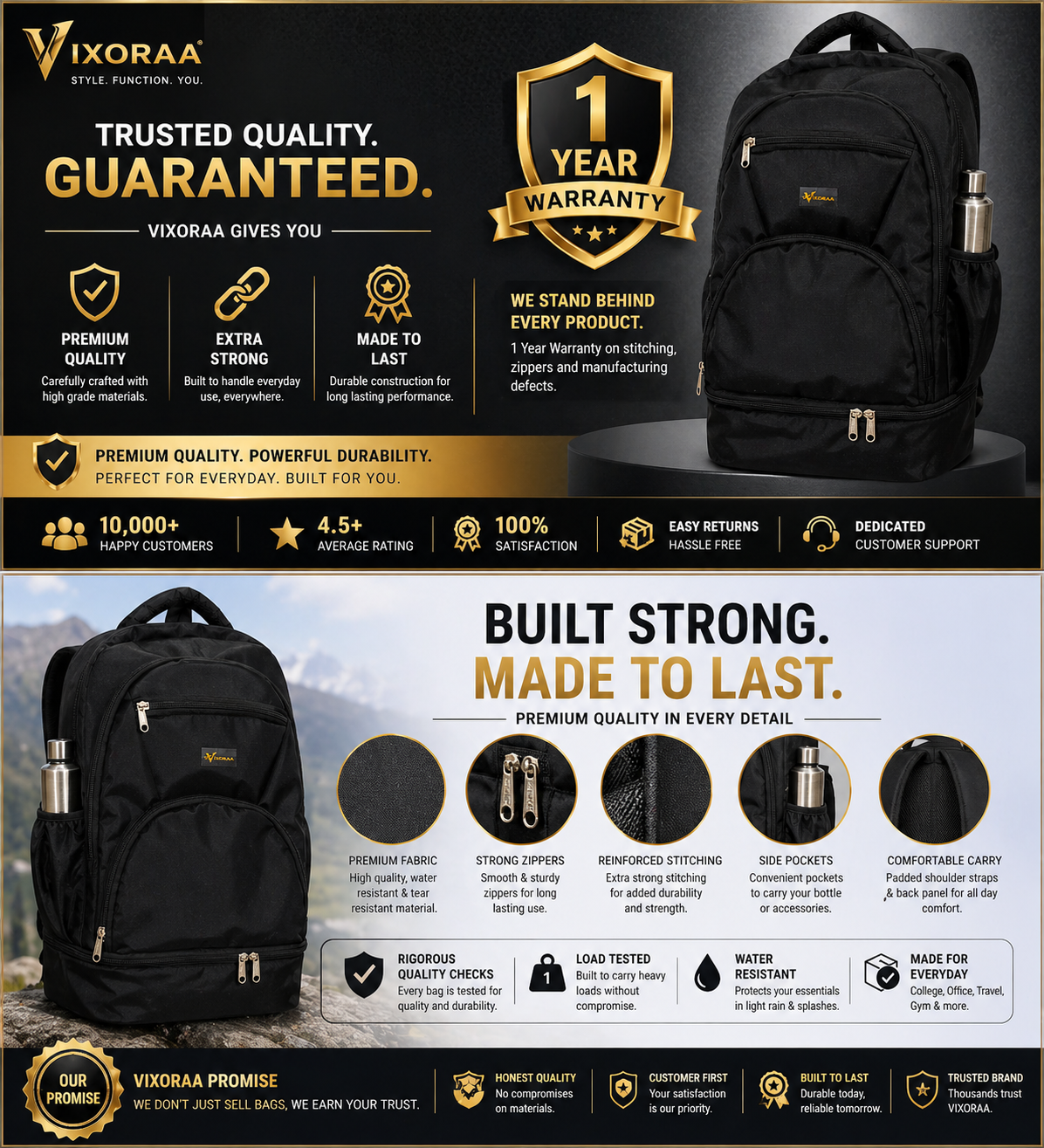 VIXORAA Black Laptop Backpack for Men & Women | Waterproof Multipurpose College, Office & Travel Bag with Multiple Compartments