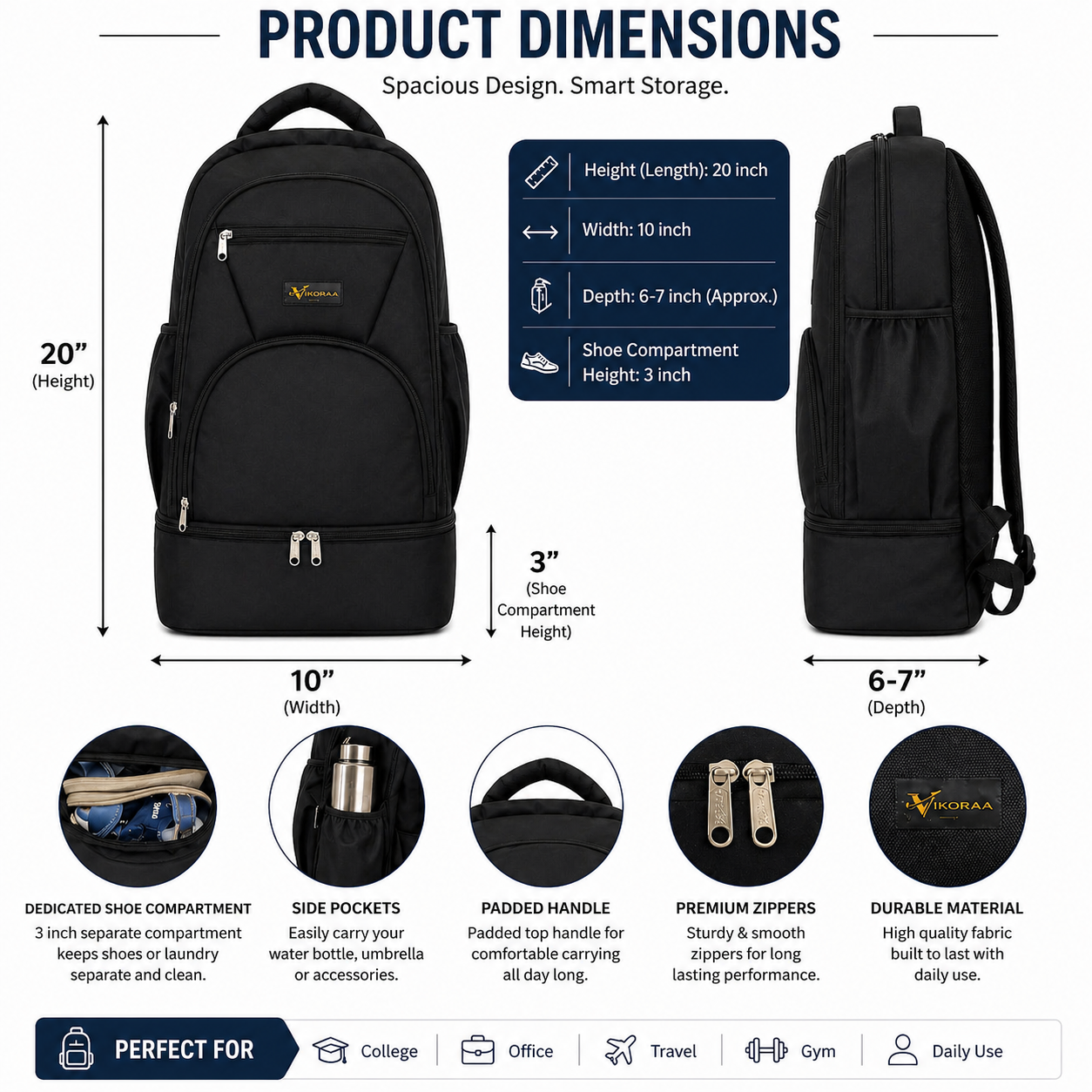 VIXORAA Black Laptop Backpack for Men & Women | Waterproof Multipurpose College, Office & Travel Bag with Multiple Compartments thumbnail 3