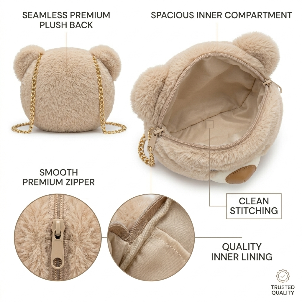 VIXORAA Teddy Bear Sling Bag for Girls | Cute Plush Crossbody Bag with Chain Strap | Soft Toy Style Mini Shoulder Bag | Stylish Kids & Women Purse  🔹 Meta Title thumbnail 4