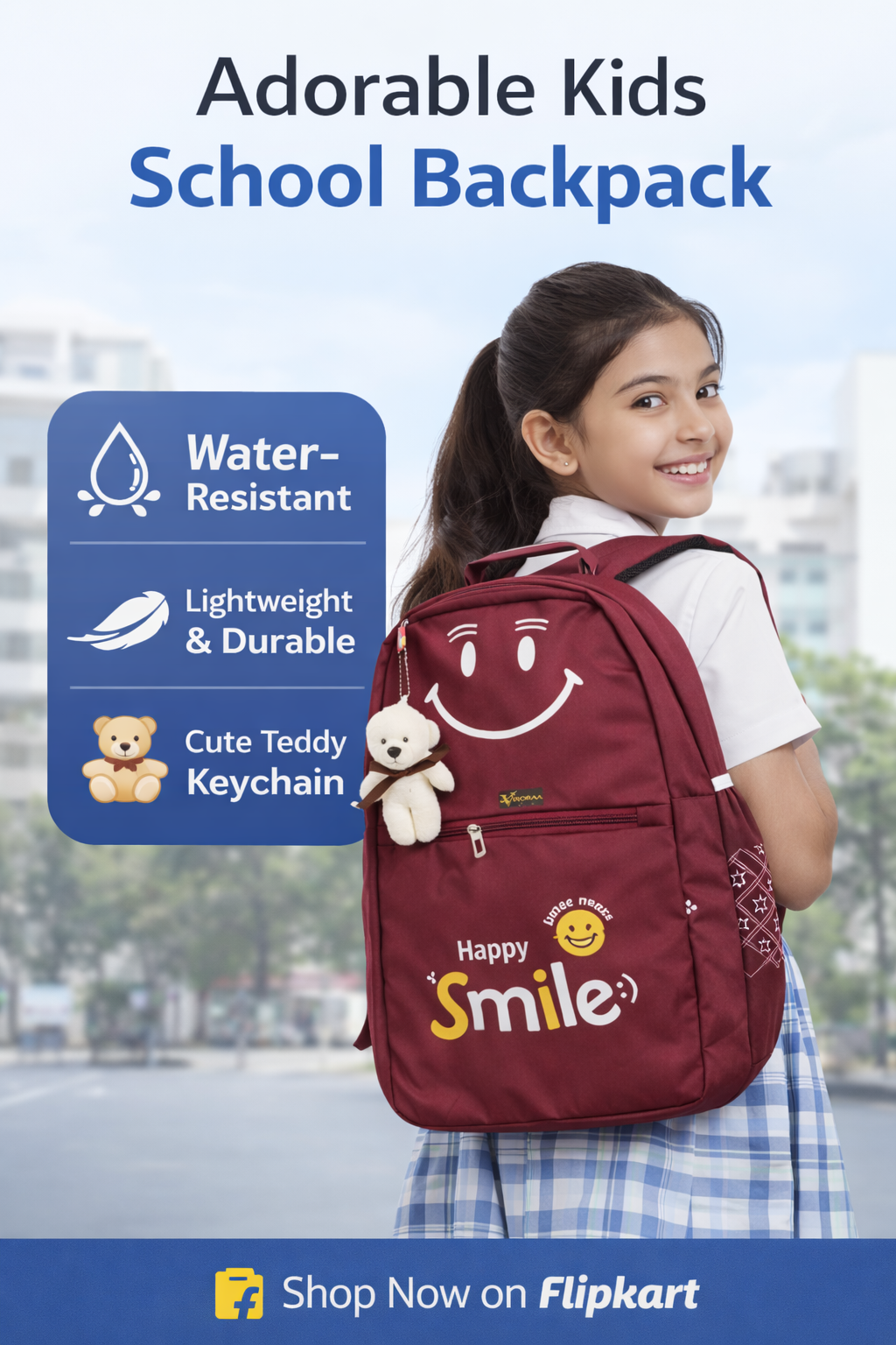 VIXORAA Kids School Backpack Maroon | Happy Smile Printed Bag with Teddy Keychain | Lightweight Waterproof School Bag for Boys & Girls | Cute Travel Backpack