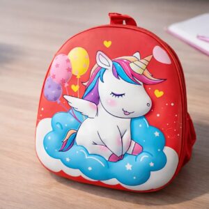 Cute Unicorn Kids School Backpack for Girls | Lightweight Nursery Bag | Cartoon Printed Red Travel & Tuition Bag (Age 3–8 Years)